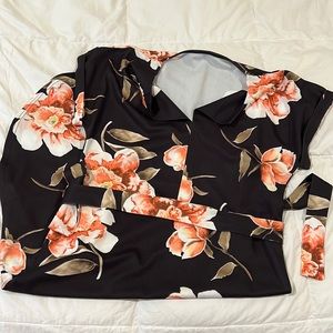 Floral black dress with tie belt